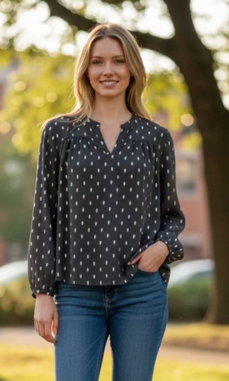 STITCH FIX - PAPERMOON Womens V Neck Blouse Small Black Silver Print NWT